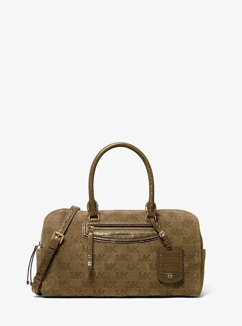 Jet Set Travel Medium Logo Embossed Suede Duffel Crossbody Bag - 1