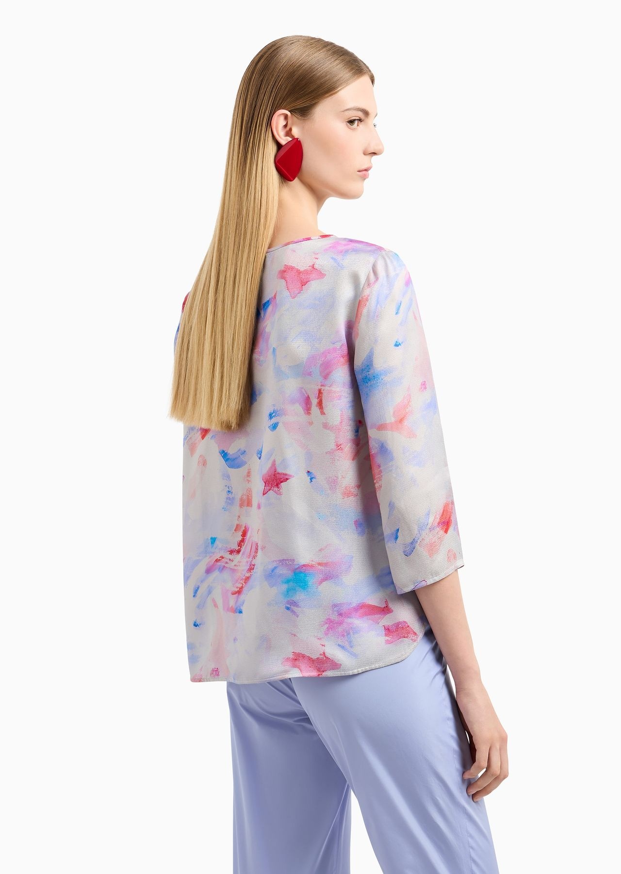 Blouse with three-quarter sleeves in satin crêpe with a watercolour-effect fancy print - 3