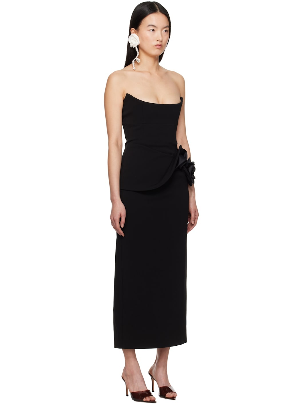 Black Floral Appliqué Bustier Midi Dress - 2