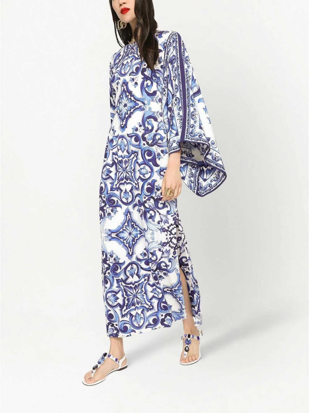 Maiolica-print batwing-sleeve dress - 2