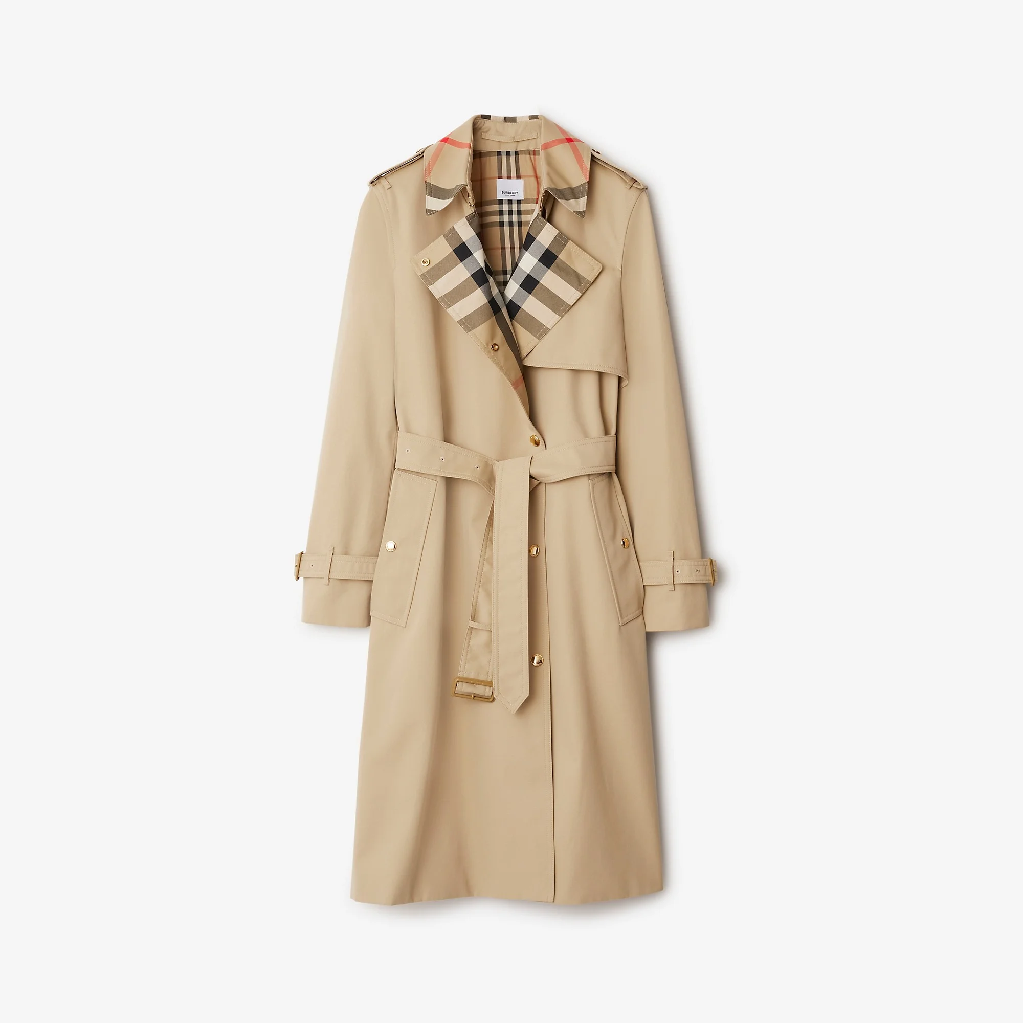 Long Check Collar Gabardine Trench Coat - 1