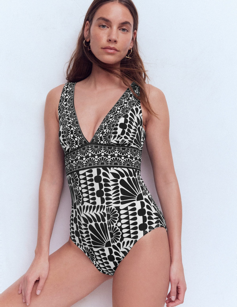 Porto V-neck Swimsuit-Black, Geo Stamp - 1