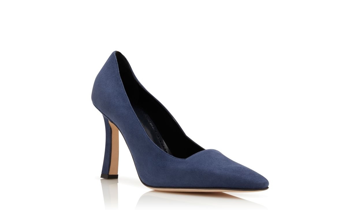 Navy Blue Suede Square Cut Pumps - 3