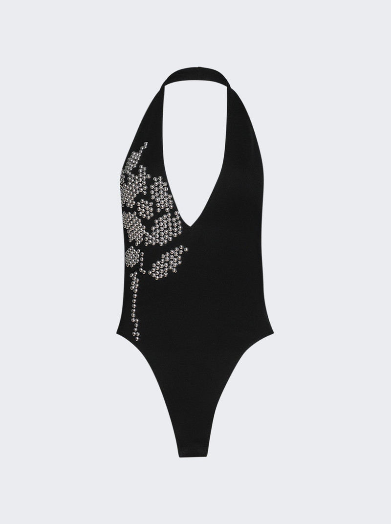 Metallic Flower Hotfix Halter Neck Bodysuit Black And Silver 1