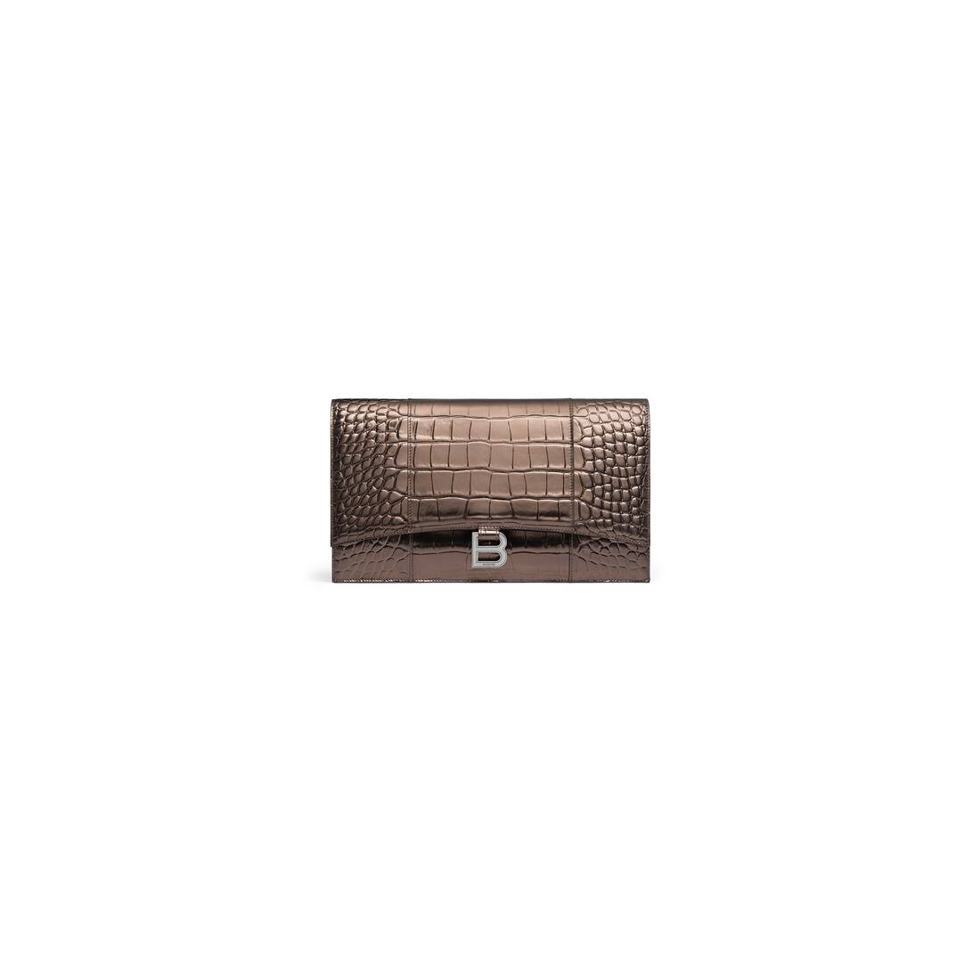Women's Hourglass Flat Pouch With Flap Metallized Crocodile Embossed  in Bronze - 1
