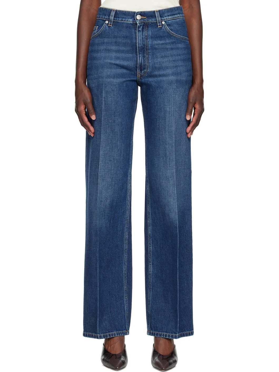Blue Crest-Embroidered Straight Jeans - 1