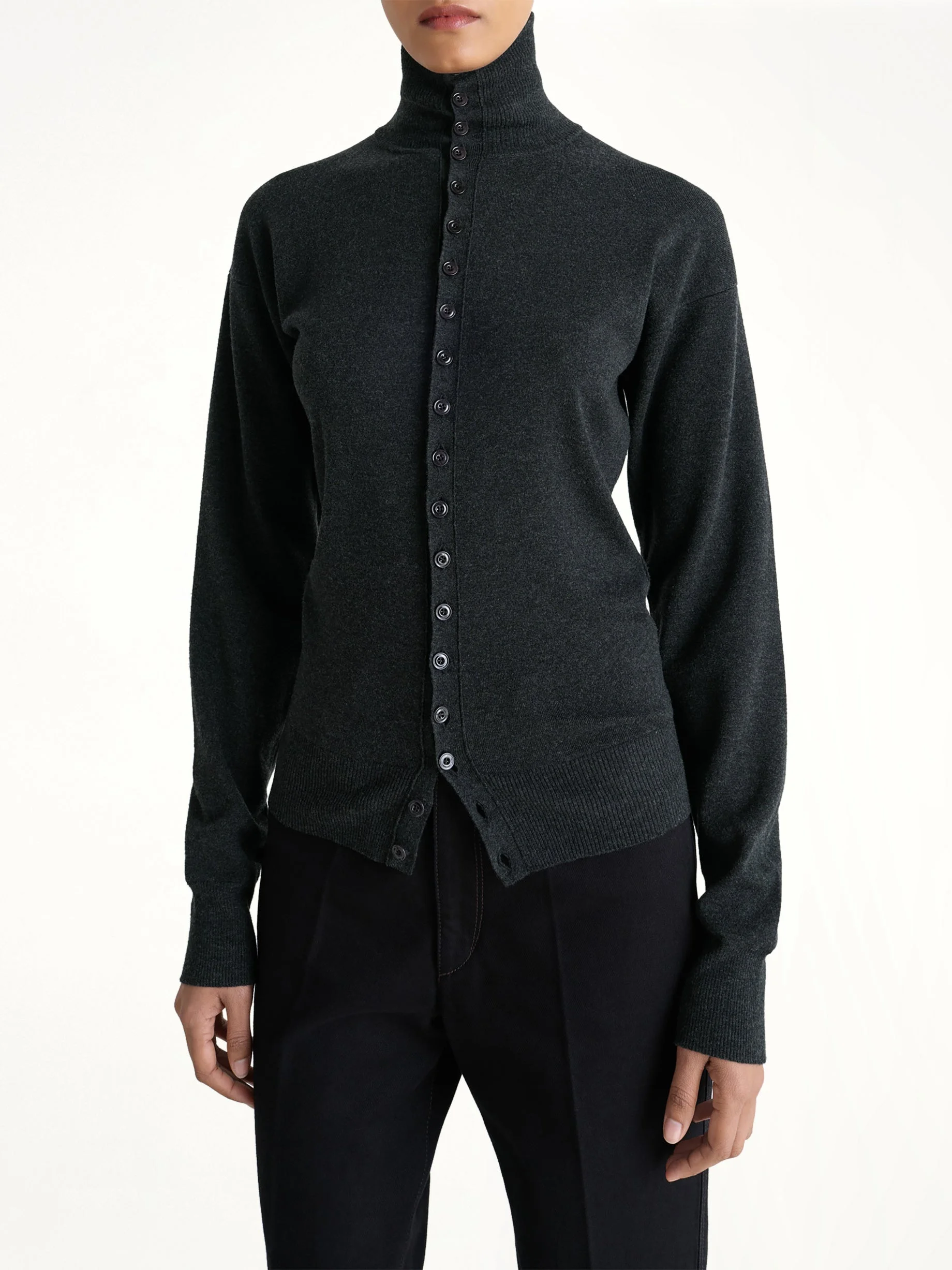 Buttoned Fitted Cardigan in Anthracite Melange - 1