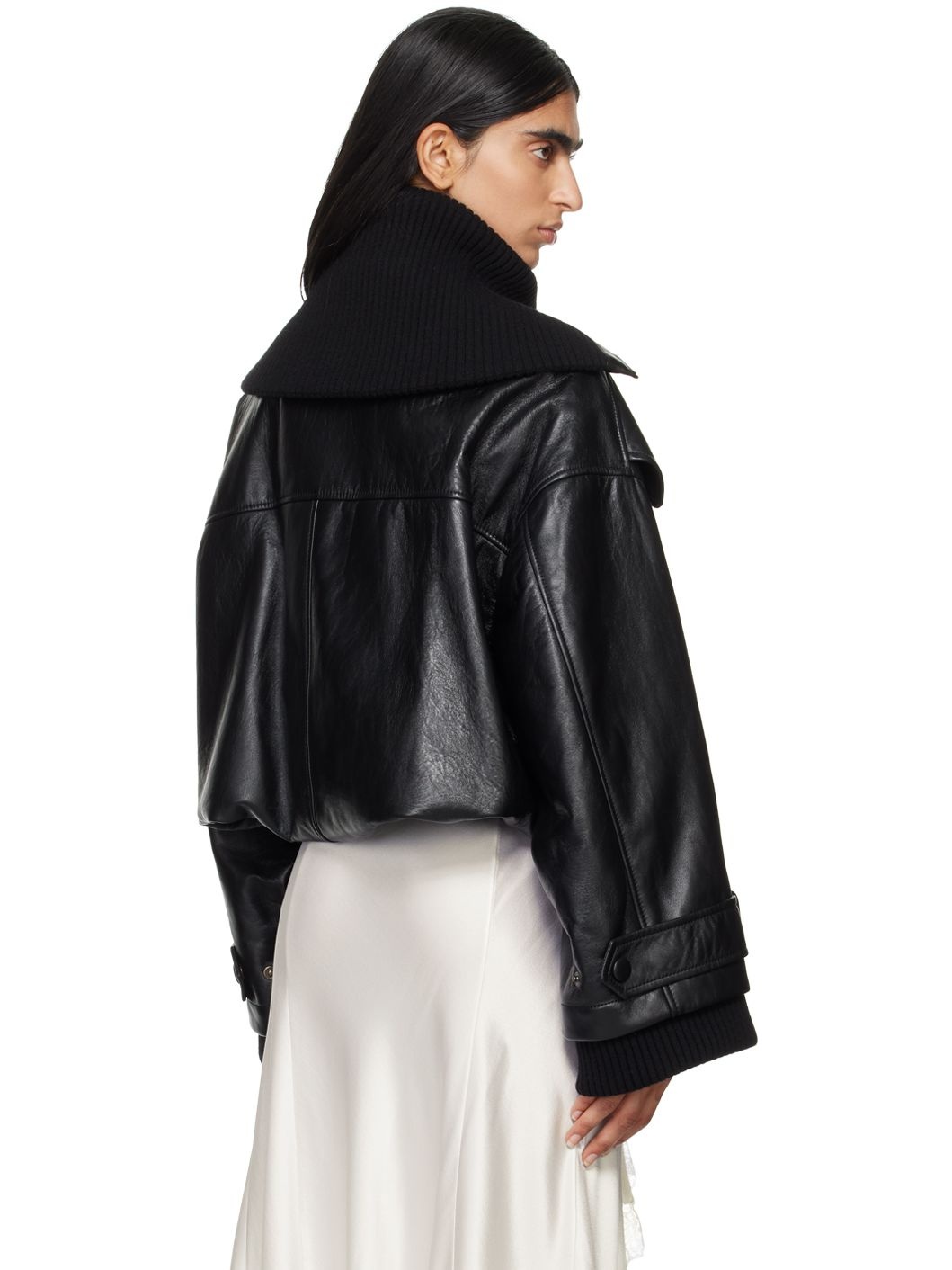 Black Cropped Leather Jacket - 3