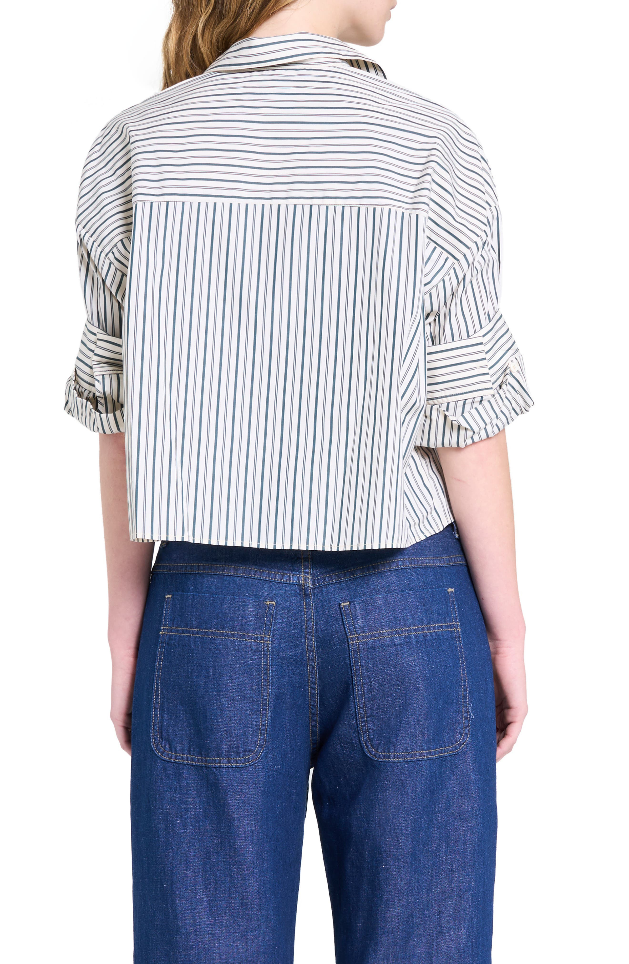 TWP Next Ex Stripe Crop Cotton Button-Up Shirt in Ivory/Cilantro at Nordstrom - 2