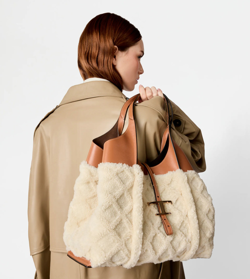 Tod's T TIMELESS SHOPPING BAG IN LEATHER AND SHEARLING MEDIUM - BROWN, OFF WHITE outlook