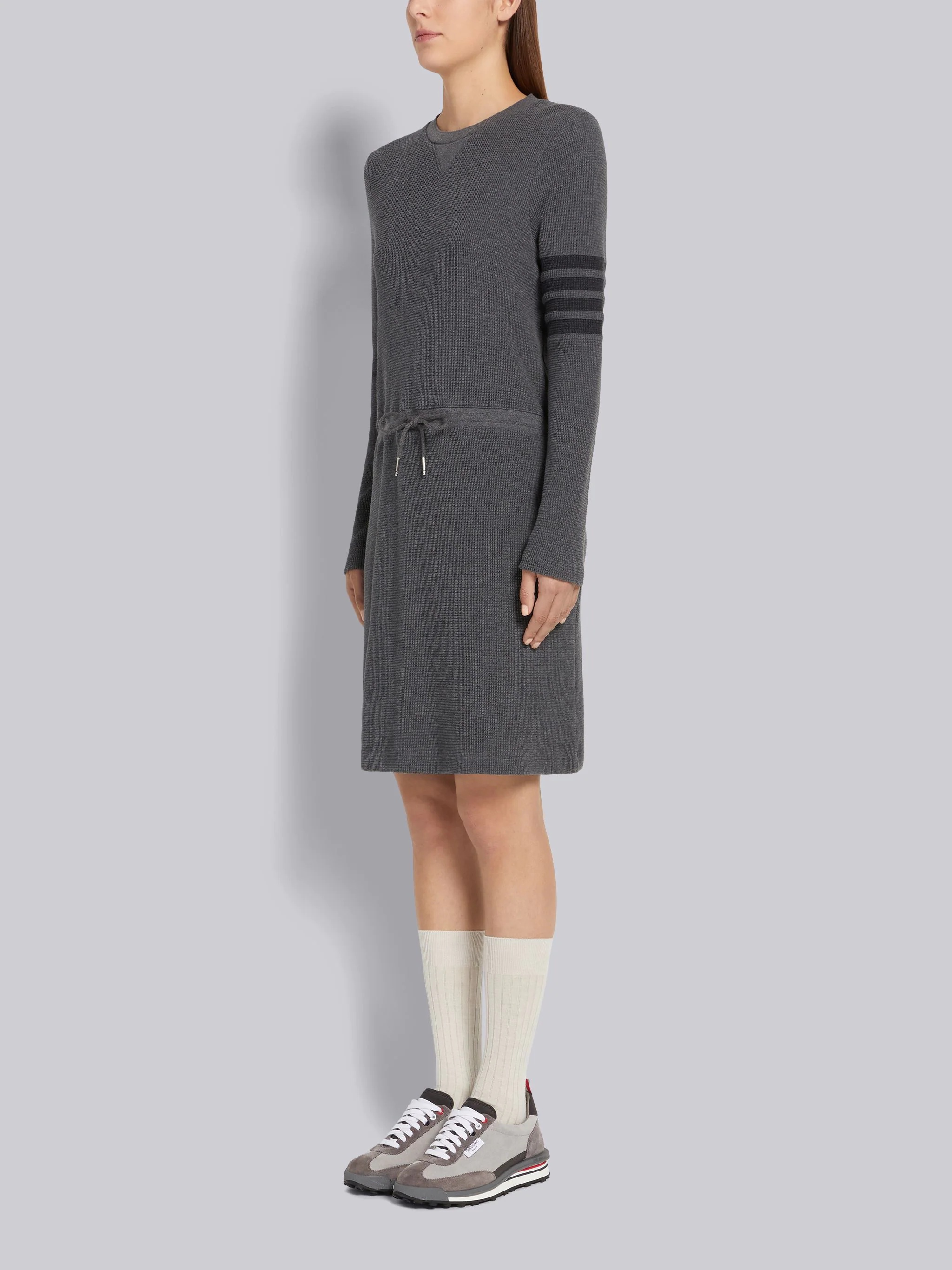 Dark Grey Compact Waffle Seamed in 4-Bar Tie Waist Long Sleeve Knee Length Dress - 2