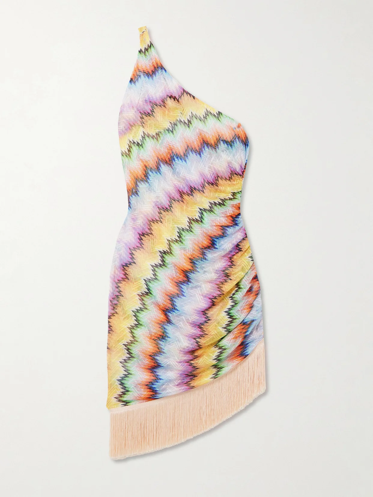 One-shoulder Fringed Printed Tulle Mini Dress - 1