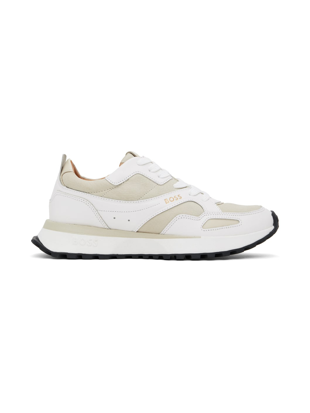 White & Beige Leather Padded Collar Sneakers - 1