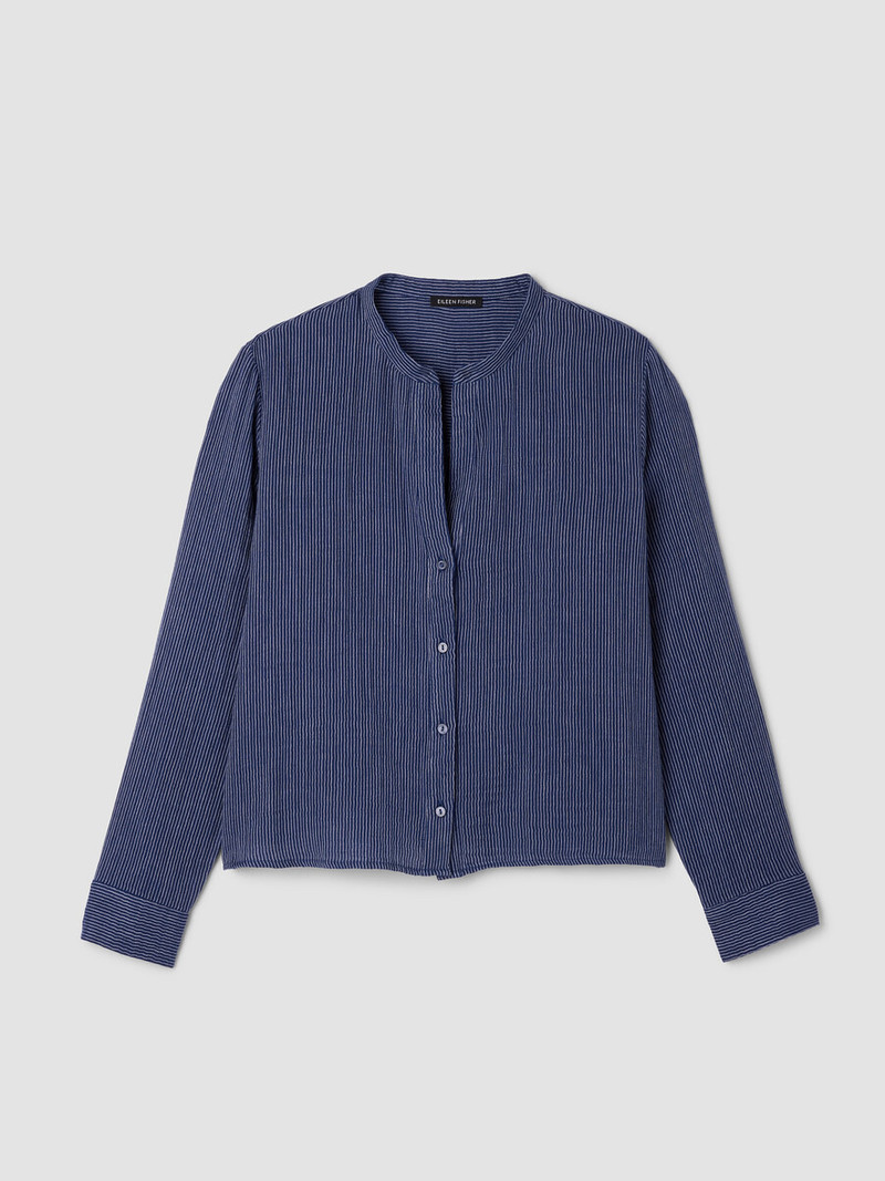 Striped Organic Cotton Gauze Band Collar Shirt 1