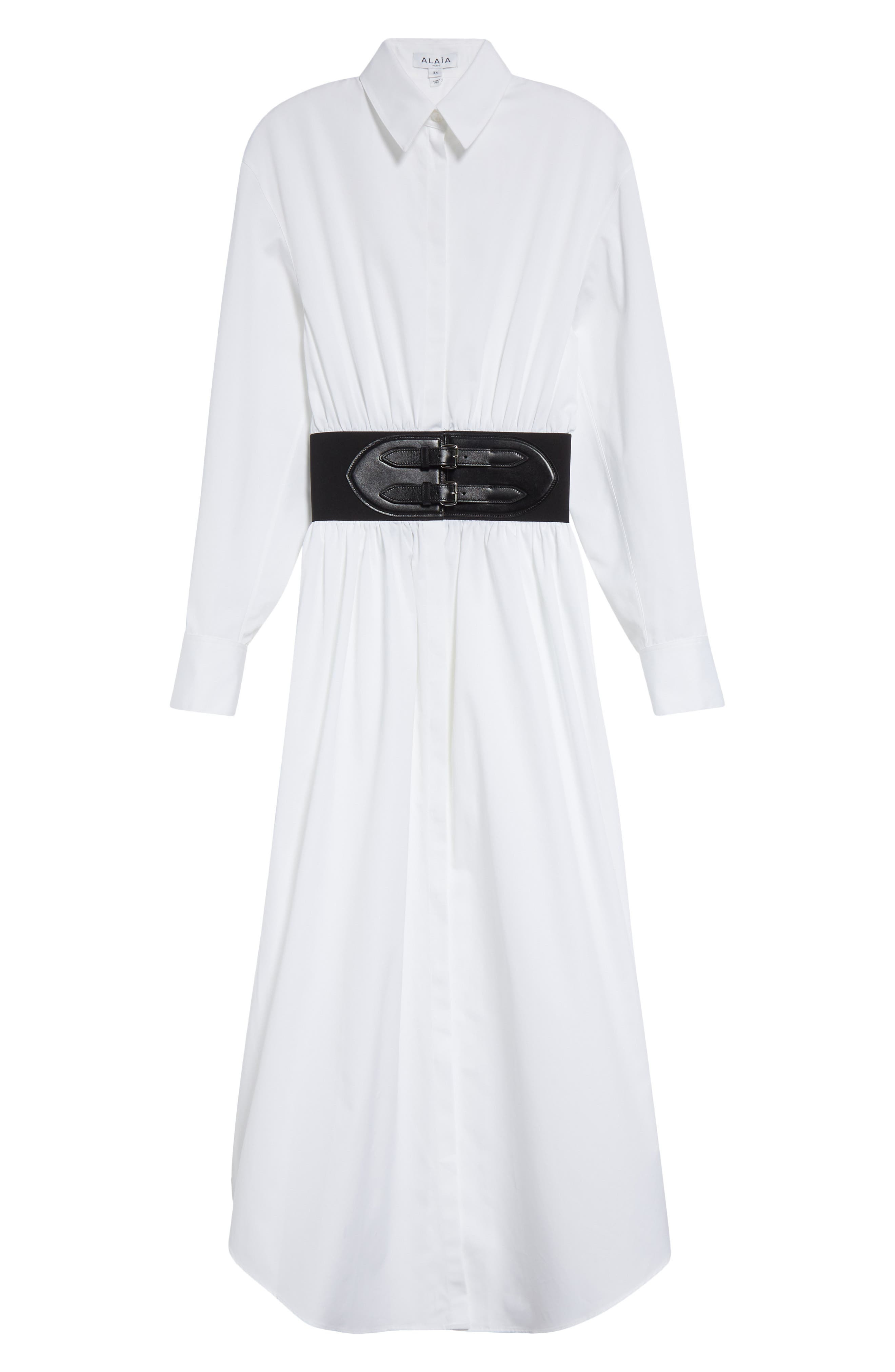 Alaïa Belted Long Sleeve Cotton Poplin Shirtdress in Blanc at Nordstrom - 5