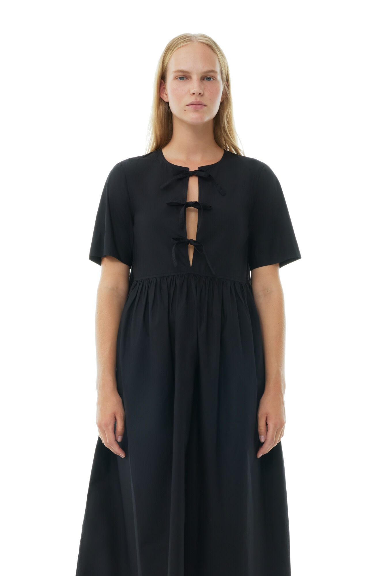 BLACK COTTON POPLIN LONG TIE STRING DRESS - 3