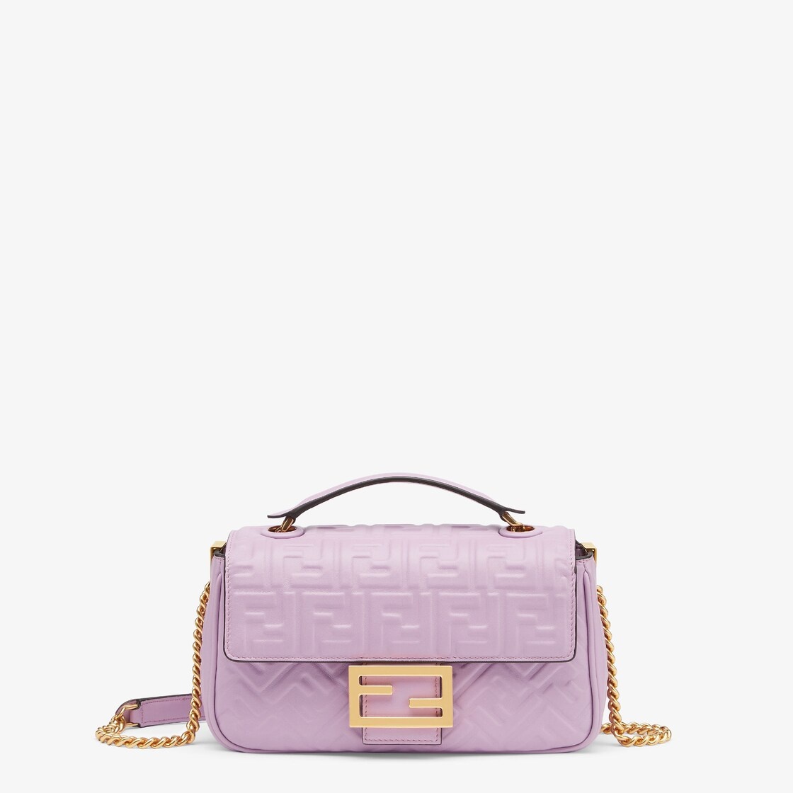 Medium Baguette bag with chain made of lilac soft nappa leather with a 3D texture FF motif. Decorate - 1