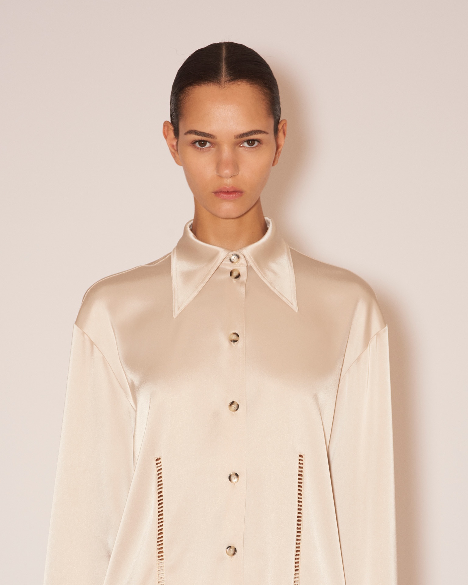 CAIO - Slip-satin ladder-stitch shirt - Creme - 2