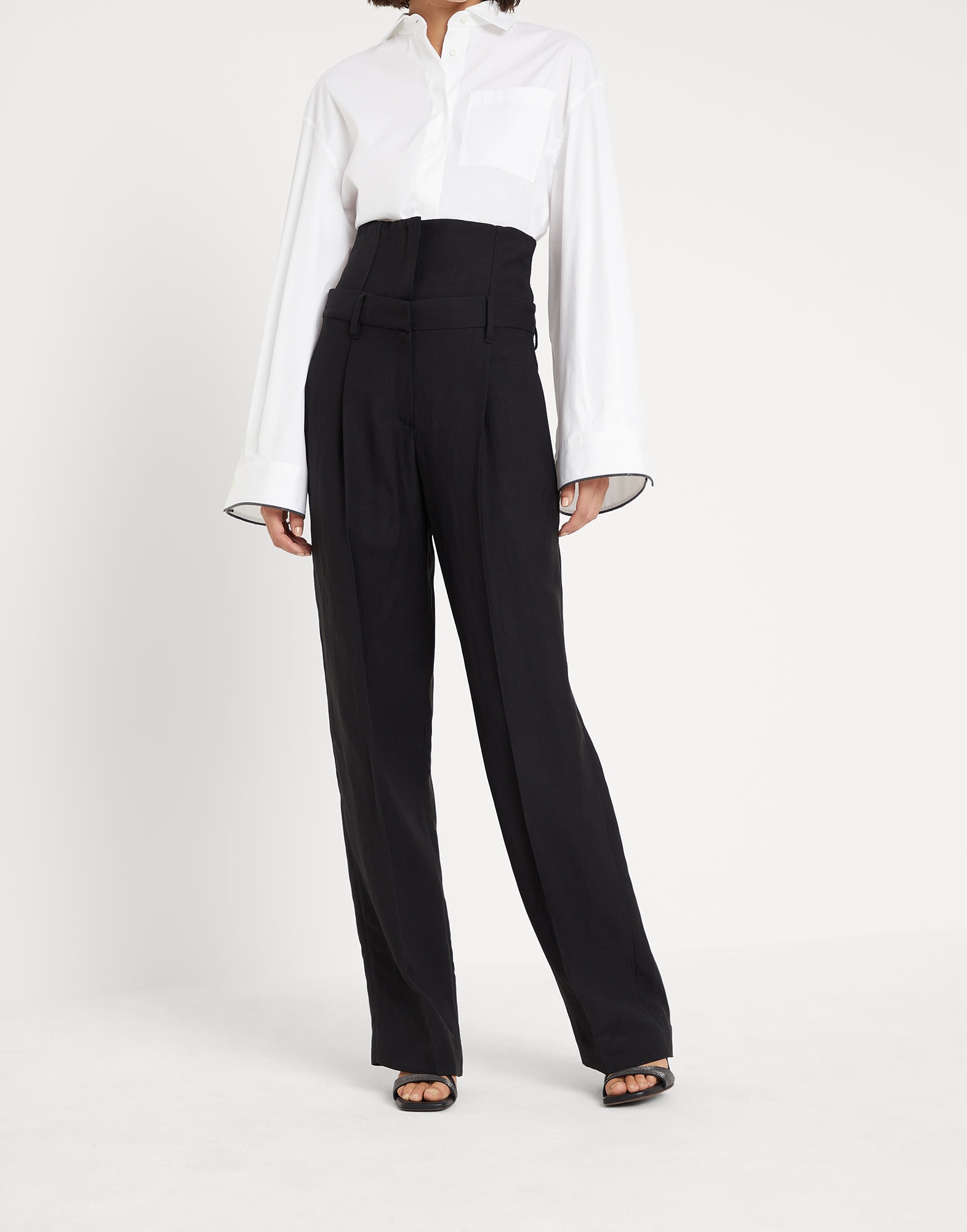Viscose and linen fluid twill loose straight trousers with removable corset waistband and monili - 1