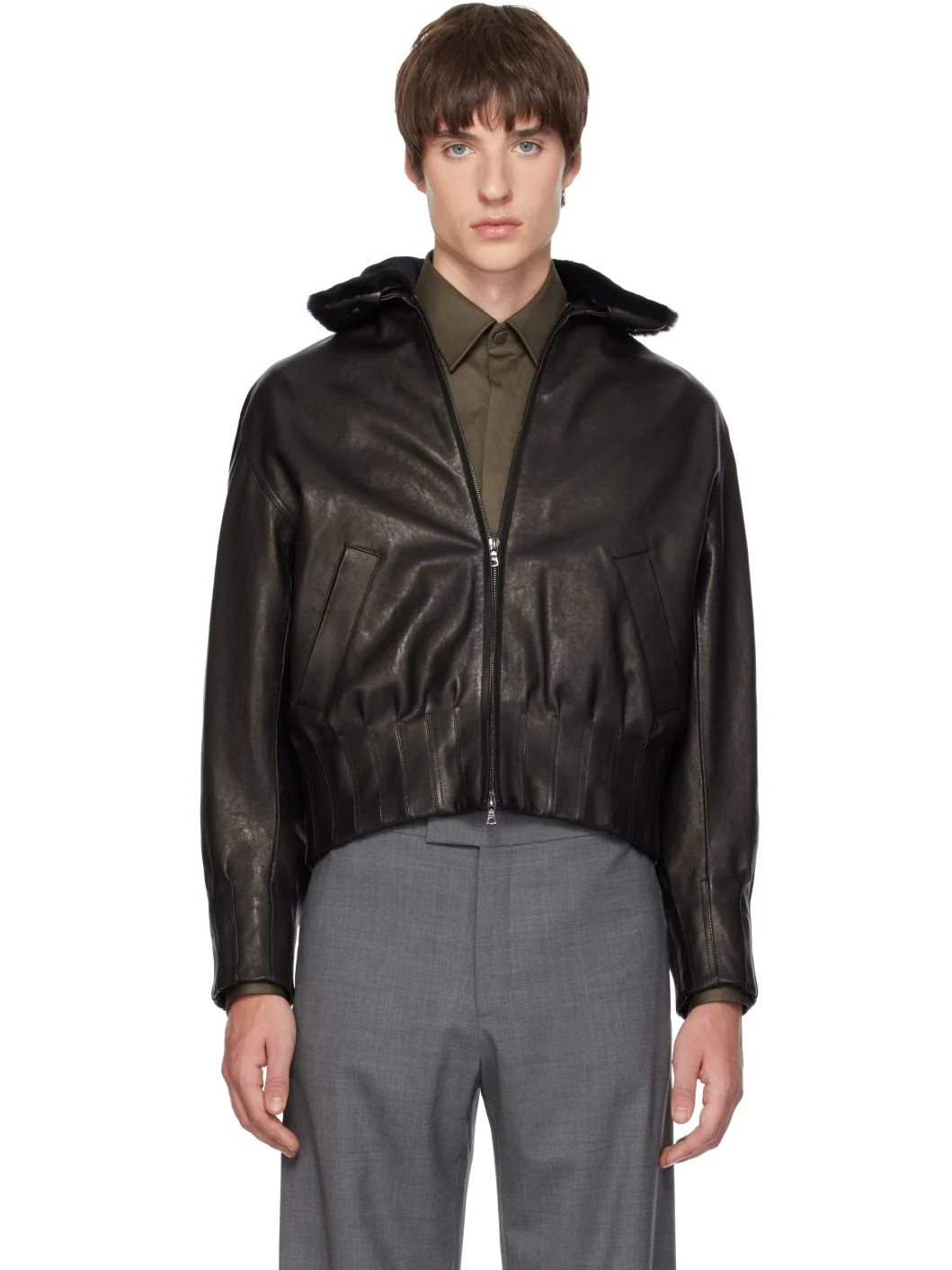 Black Shearling Collar Leather Bomber - 1