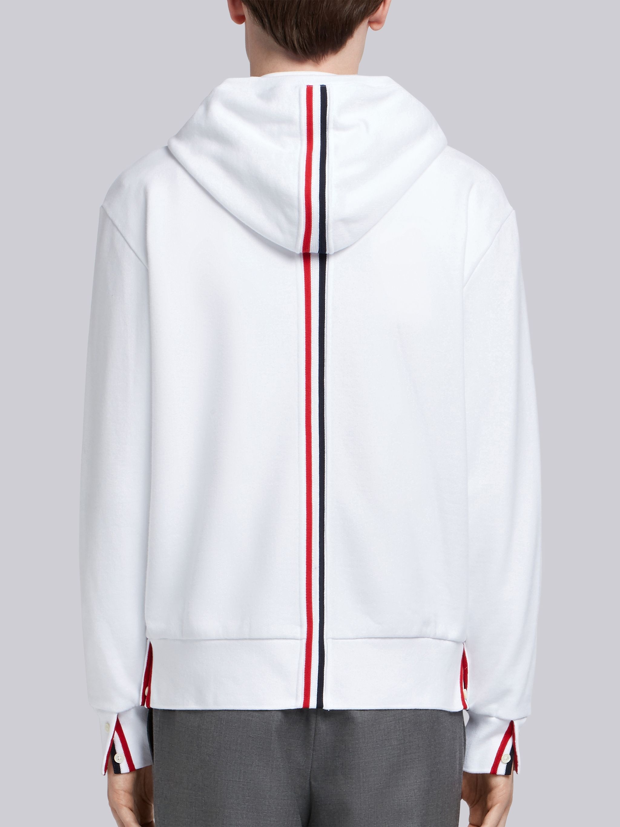 White Cotton Loopback Center Back Stripe Zip-up Hoodie - 2