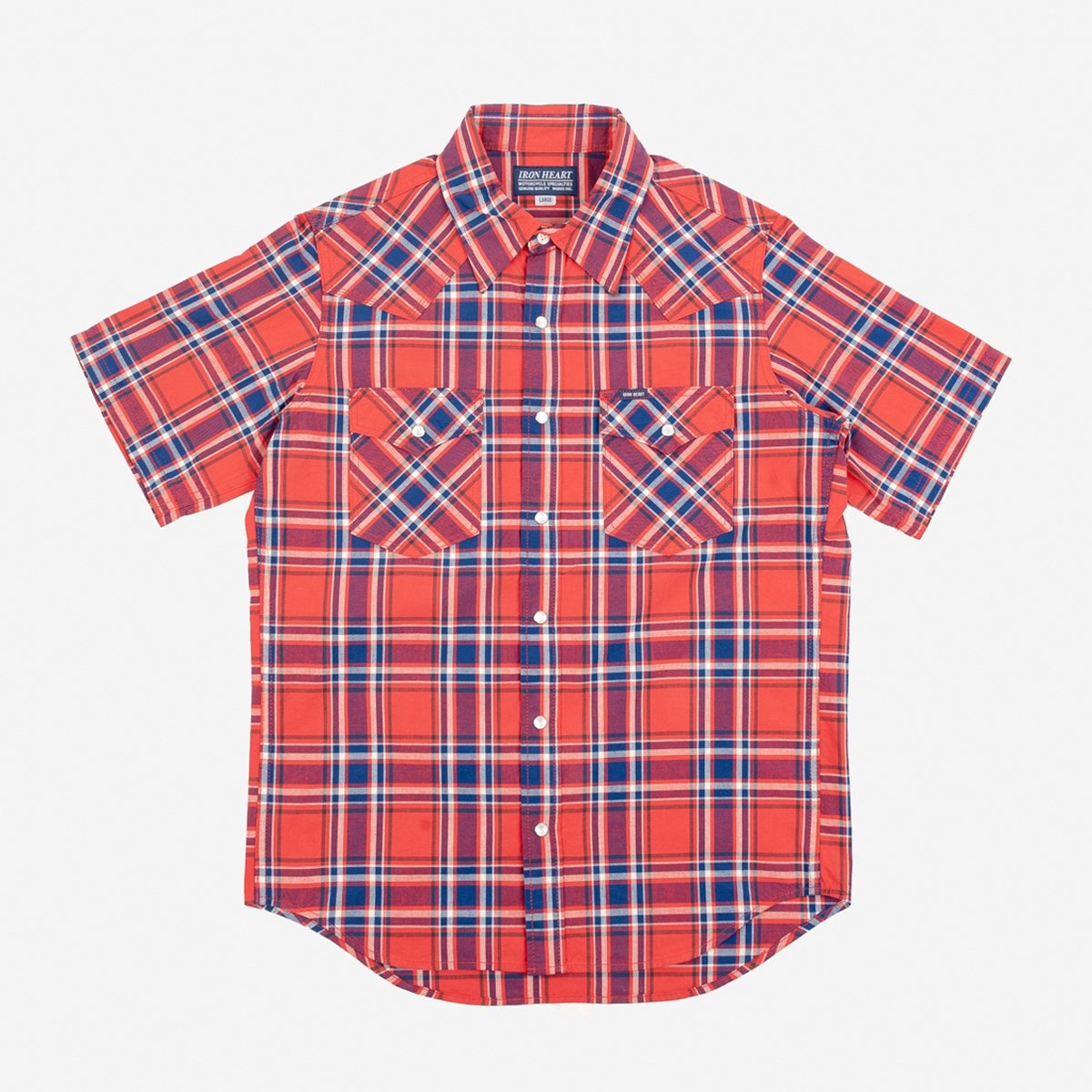 IHSH-359-RED 5oz Selvedge Madras Check Short Sleeved Western Shirt - Red - 1