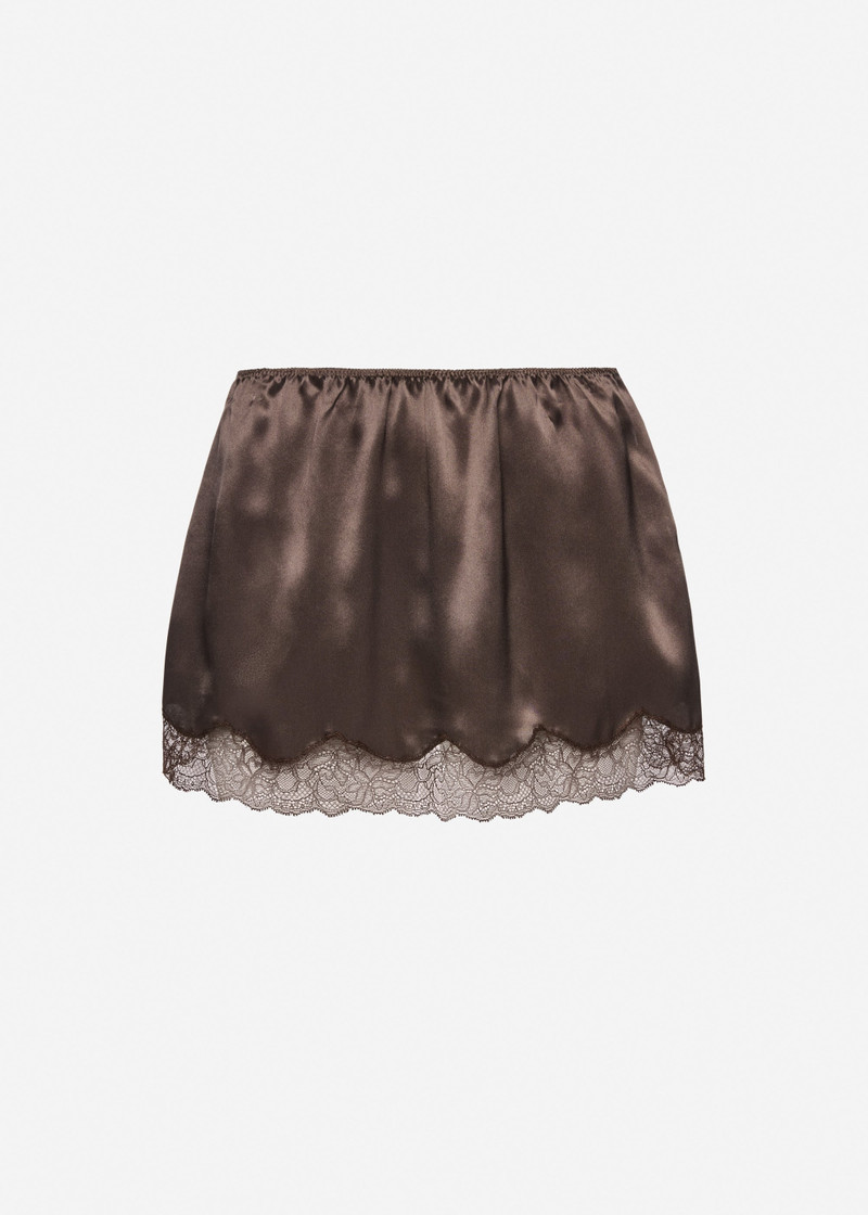 Mini slip skirt with lace-trimmed hem in brown 1