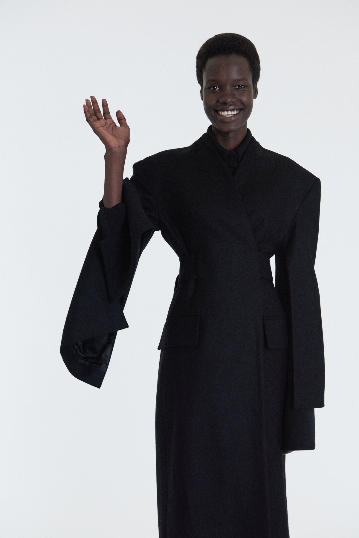 OPEN SLEEVE BELTED WRAP AROUND FITTED COAT BLACK - 5