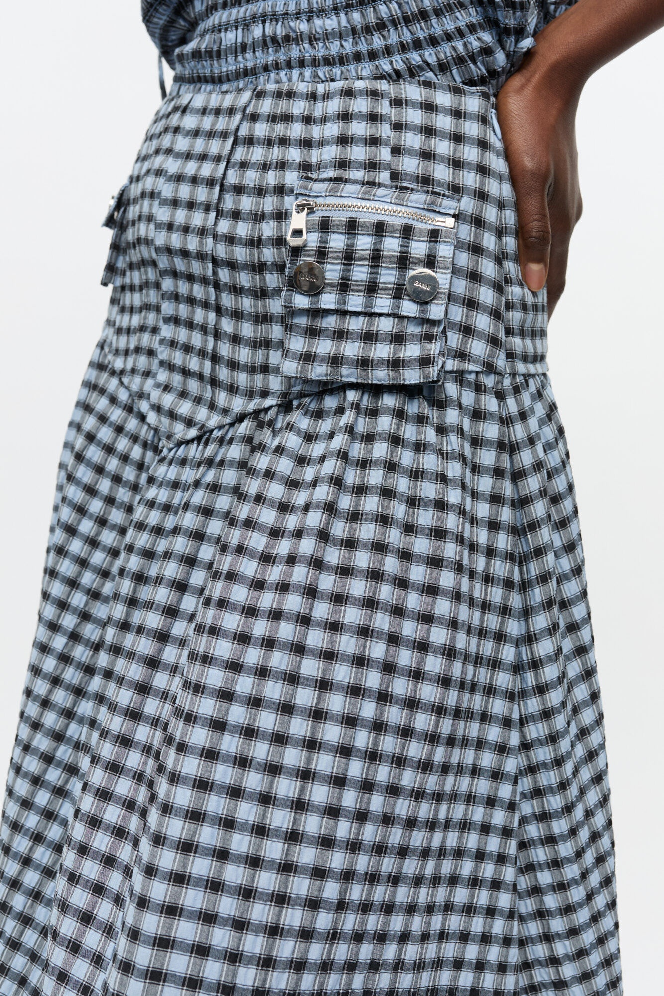 BLUE SEERSUCKER CHECK LONG SKIRT - 5