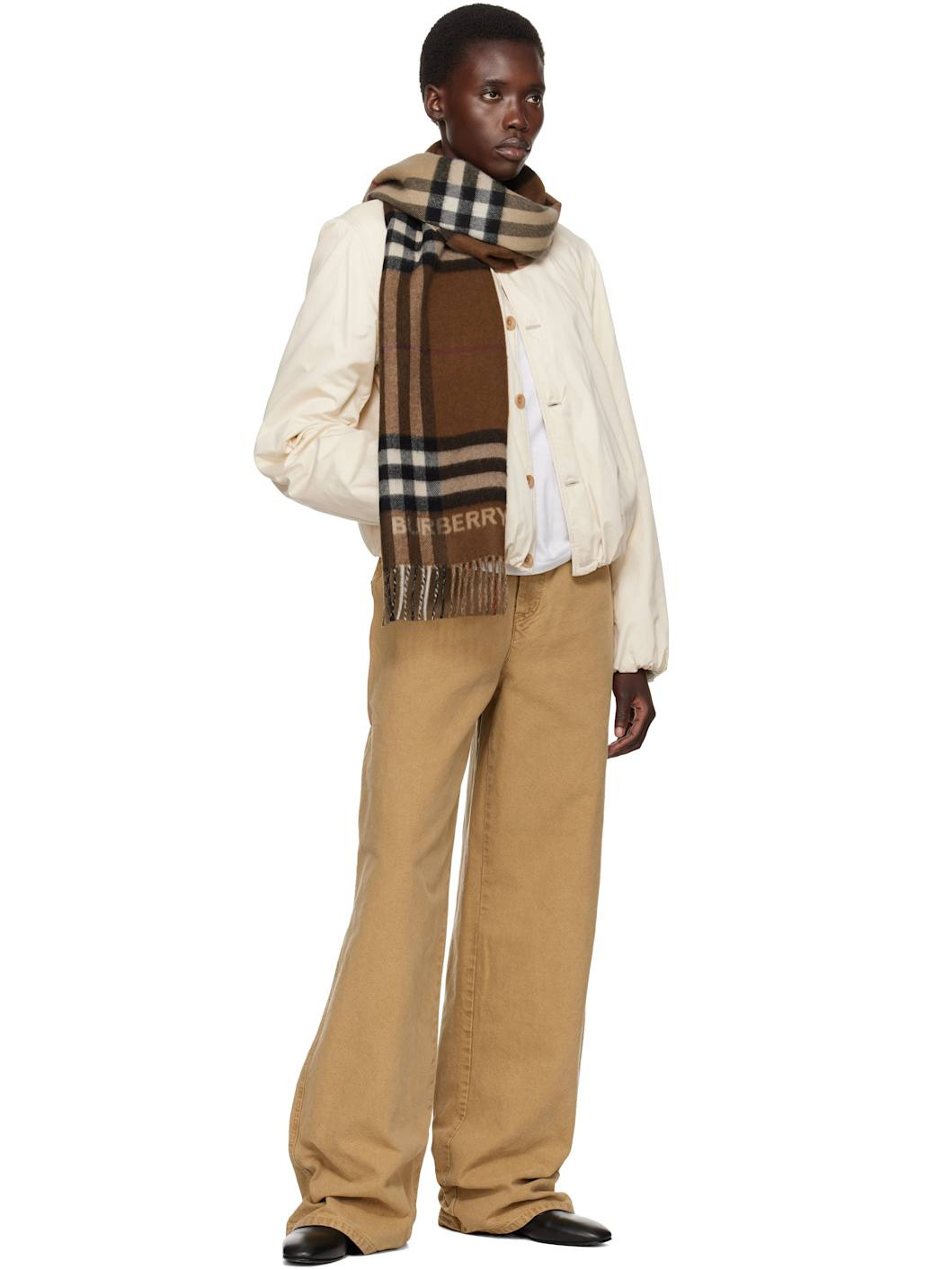 Brown Contrast Check Cashmere Scarf - 2