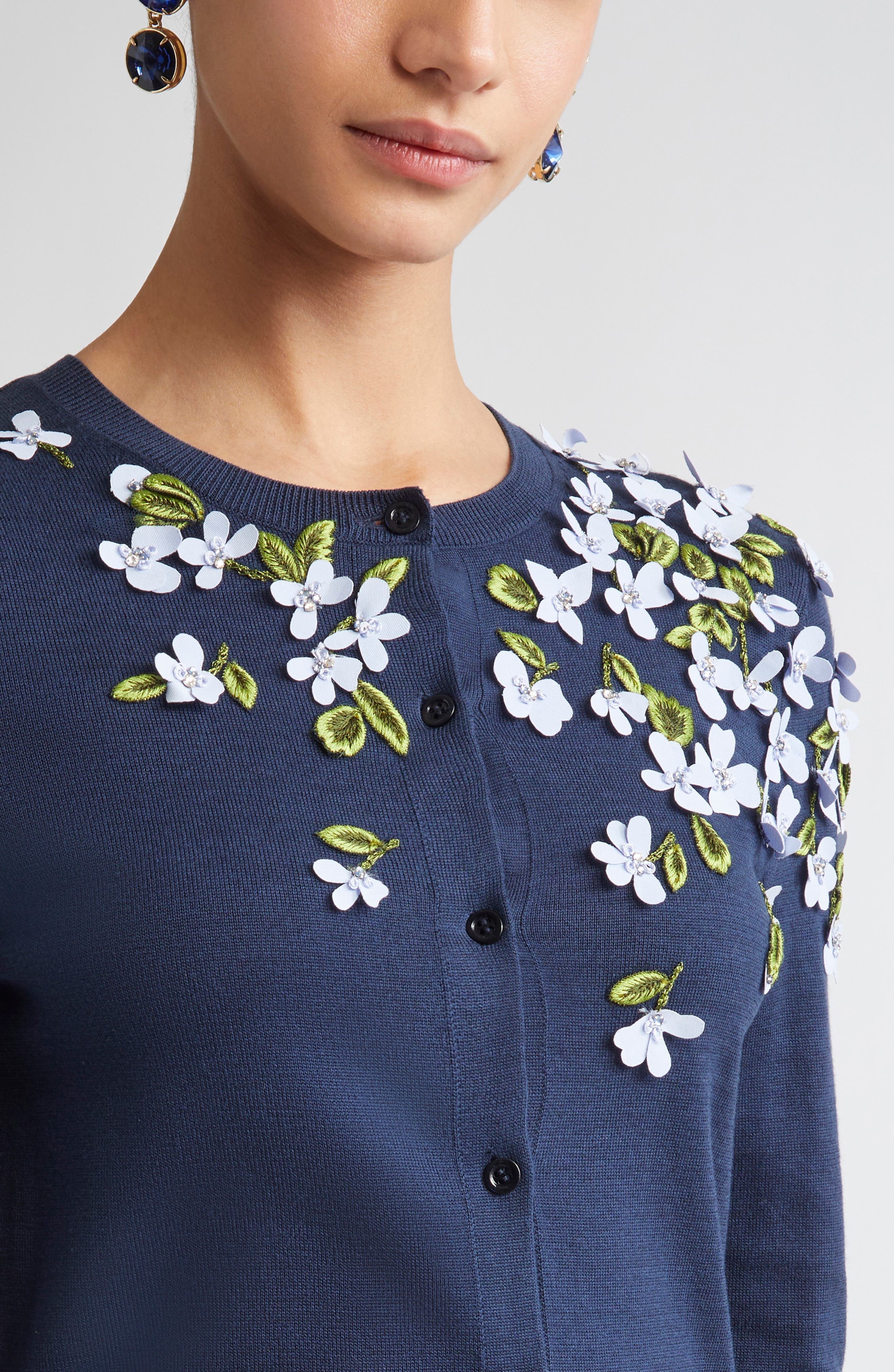 Carolina Herrera Floral Appliqué Silk & Cotton Cardigan in Midnight at Nordstrom - 5