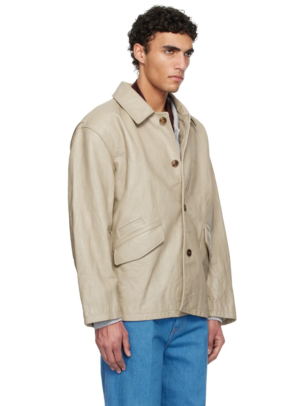 Beige Vintage Washing Leather Chore Jacket - 2