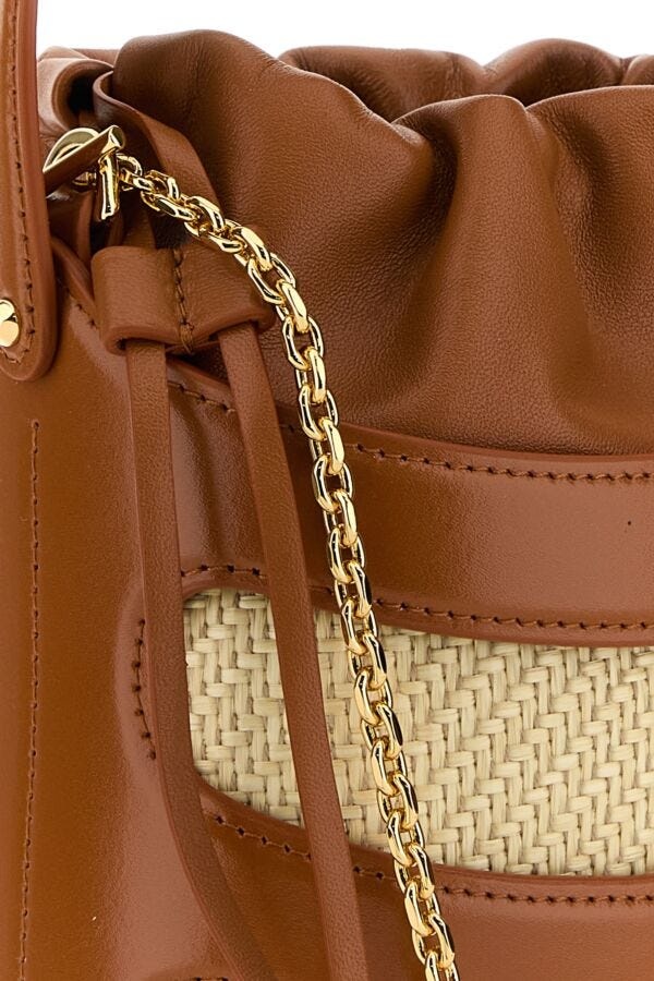 Two-tone leather and raffia mini The Rise bucket bag - 4