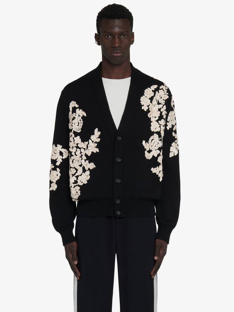 Alexander McQueen Men's Floral Embroidery Cardigan in Black/ivory