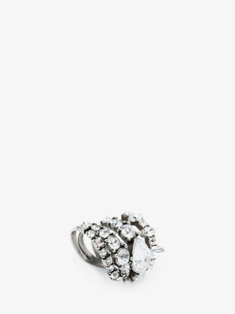 Alexander McQueen Short Jewelled Stacked Ring in Antique Silver outlook