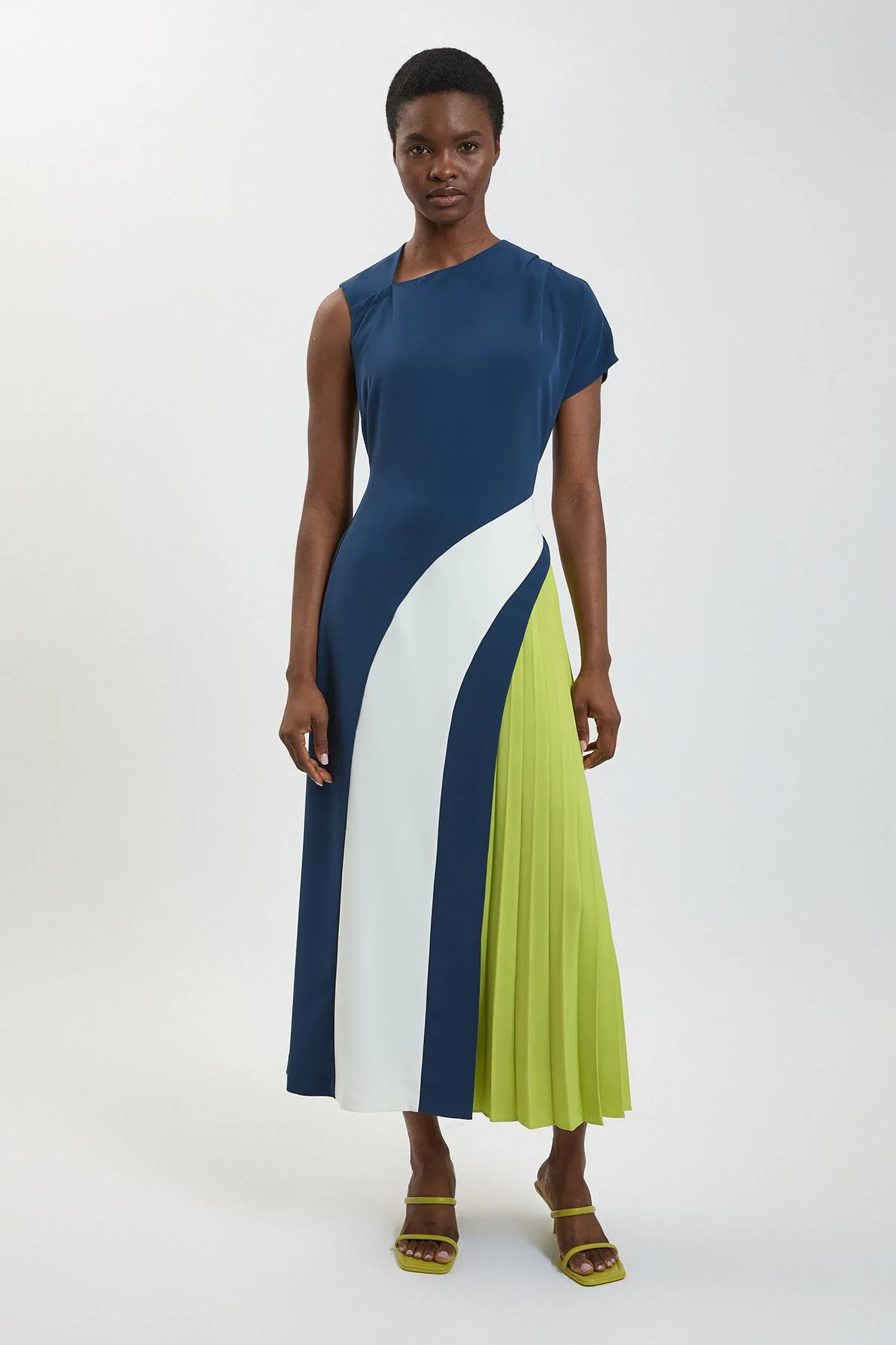 Petite Soft Tailored Colour Block High Neck Pleated Midi Dress - 1
