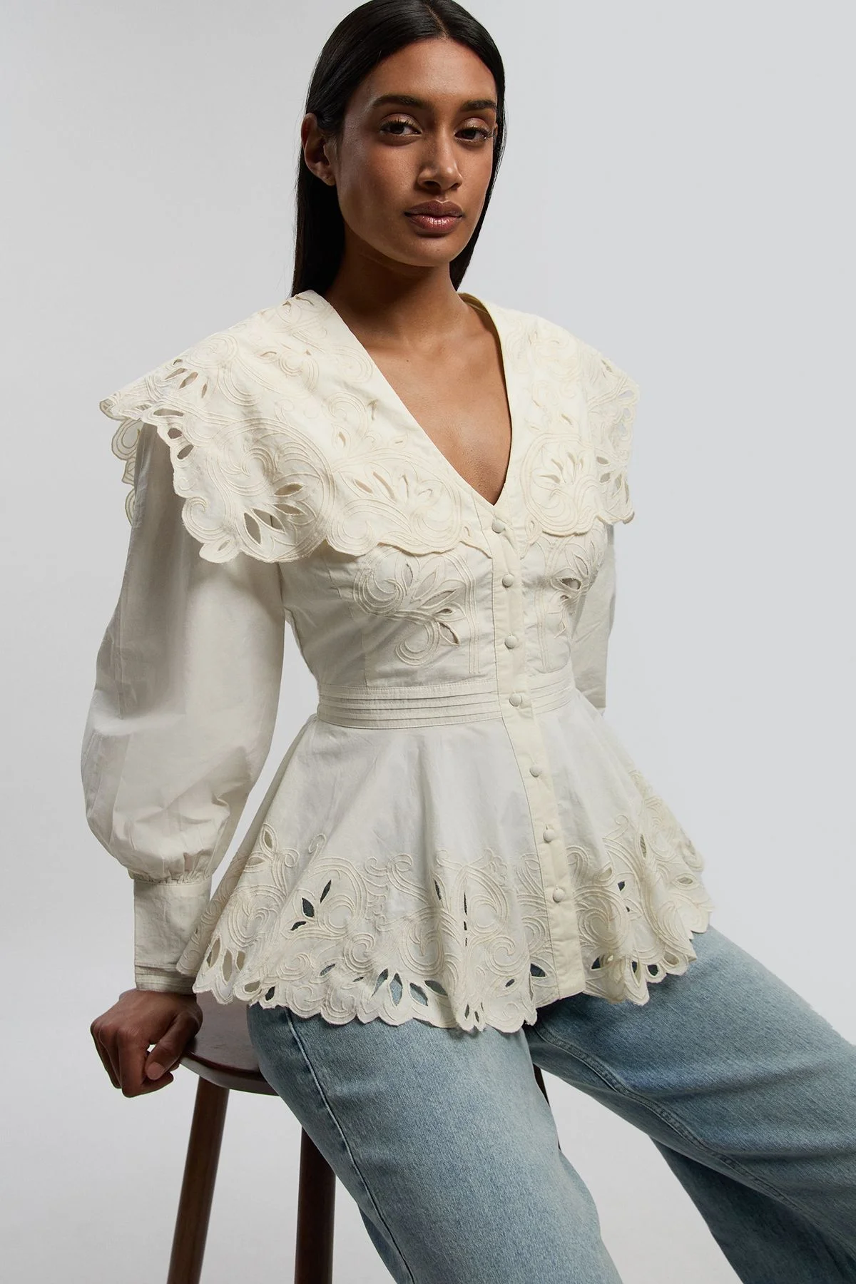 Cutwork Button Collar Detail Woven Blouse - 1