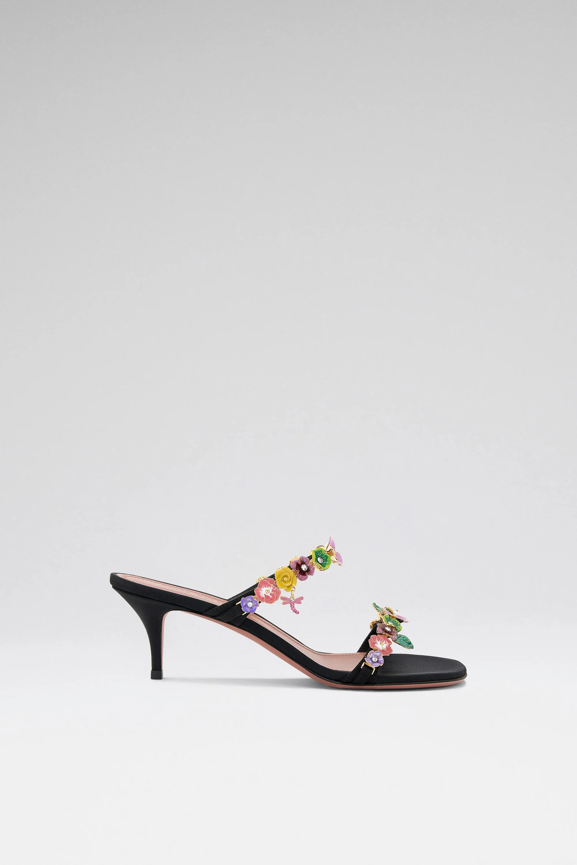 VITTORIA SLIPPER 55 BLACK SATIN AND MULTICOLOR ENAMEL FLOWERS - 1