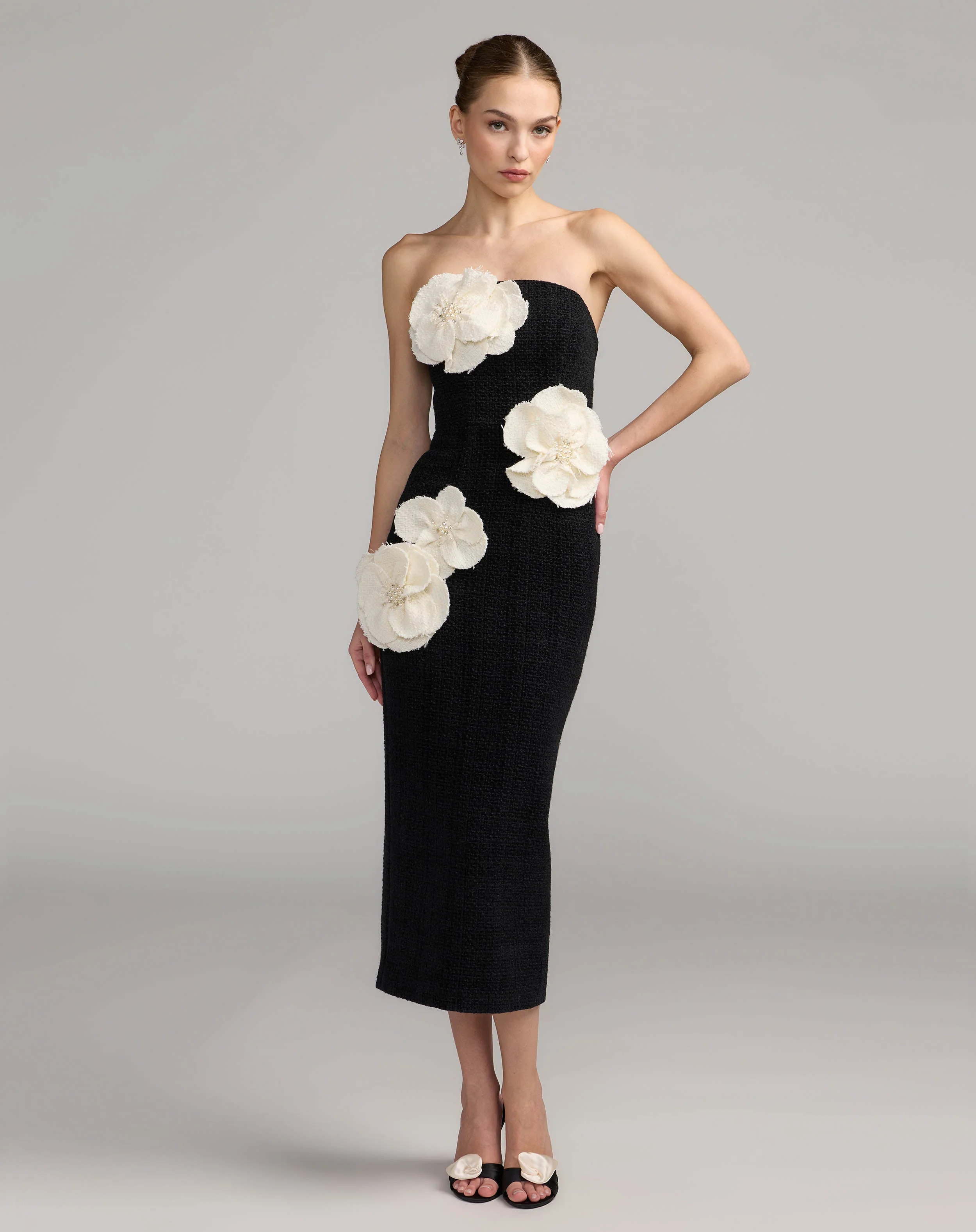 Black Multi 3D Floral Applique Strapless Midi Dress - 1
