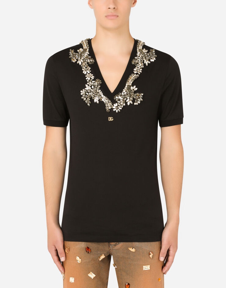 Cotton V-neck T-shirt with DG logo and crystals - 1