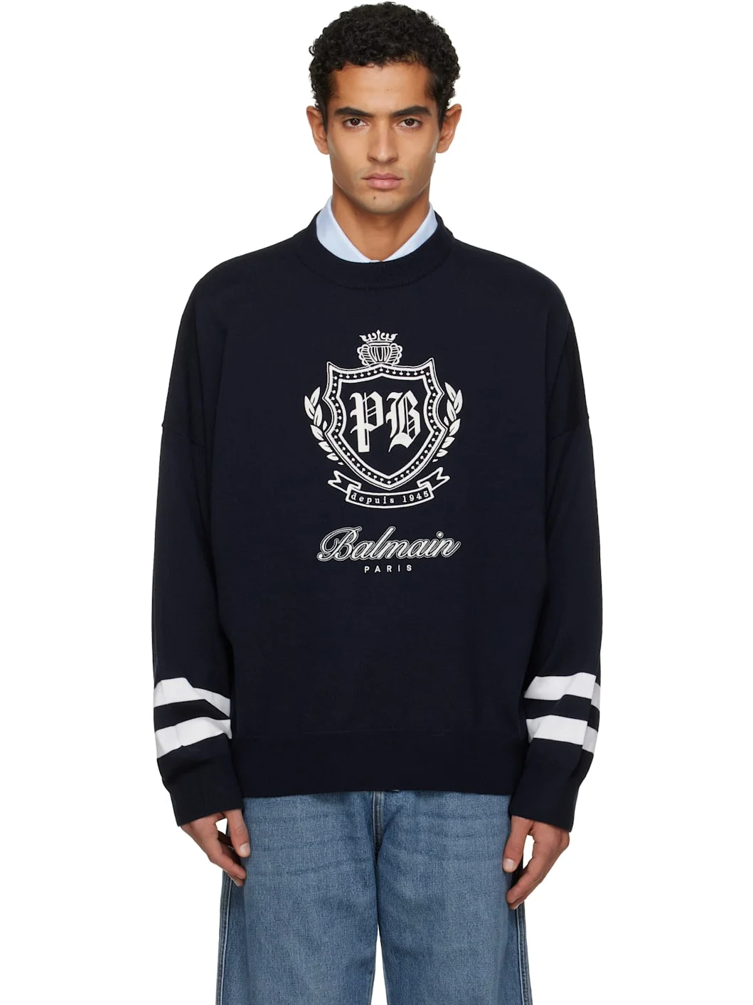 Navy College Emblem Knit Sweater - 1