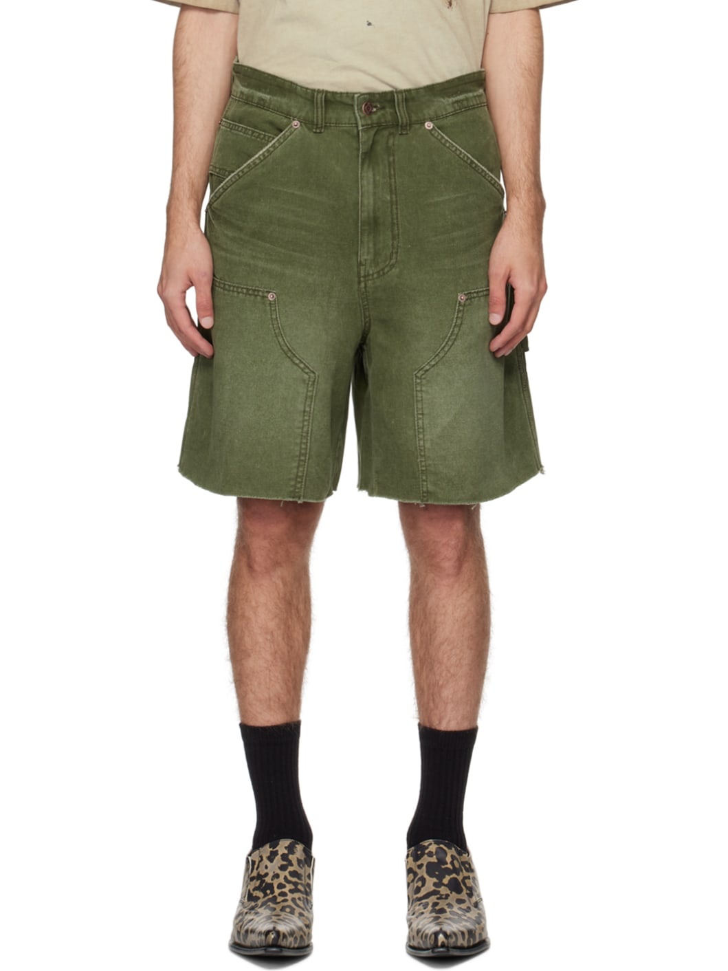 Khaki Faded Cargo Shorts - 1