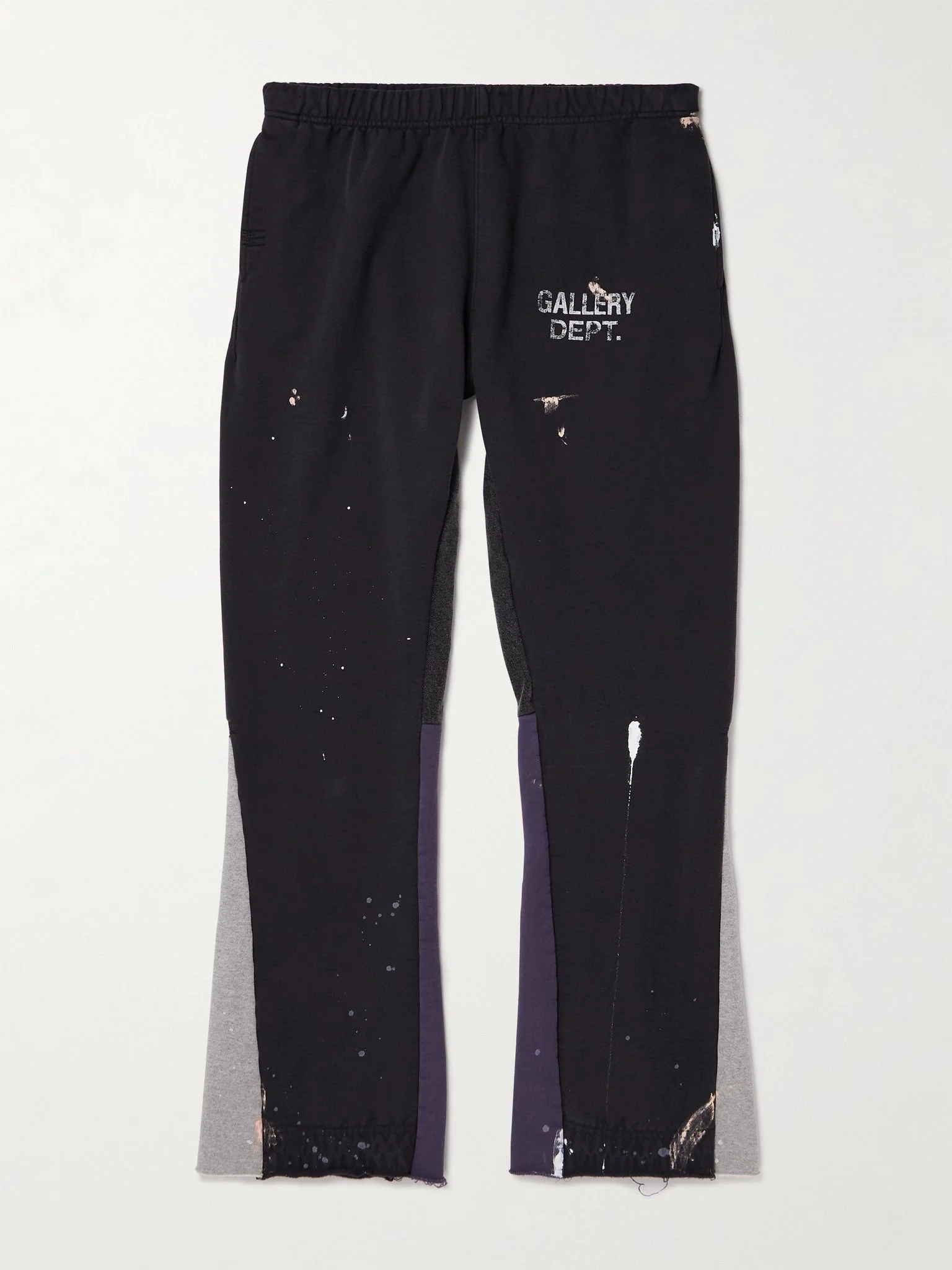 Flared Paint-Splattered Panelled Logo-Print Cotton-Jersey Sweatpants Gray - 1