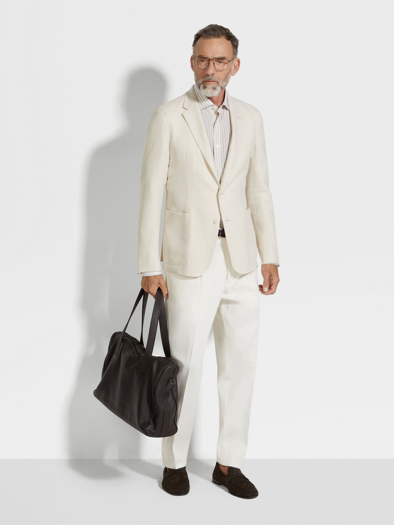 ZEGNA WHITE AND LIGHT TAUPE MACRO-STRIPED CENTOVENTIMILA COTTON AND LINEN SHIRT outlook