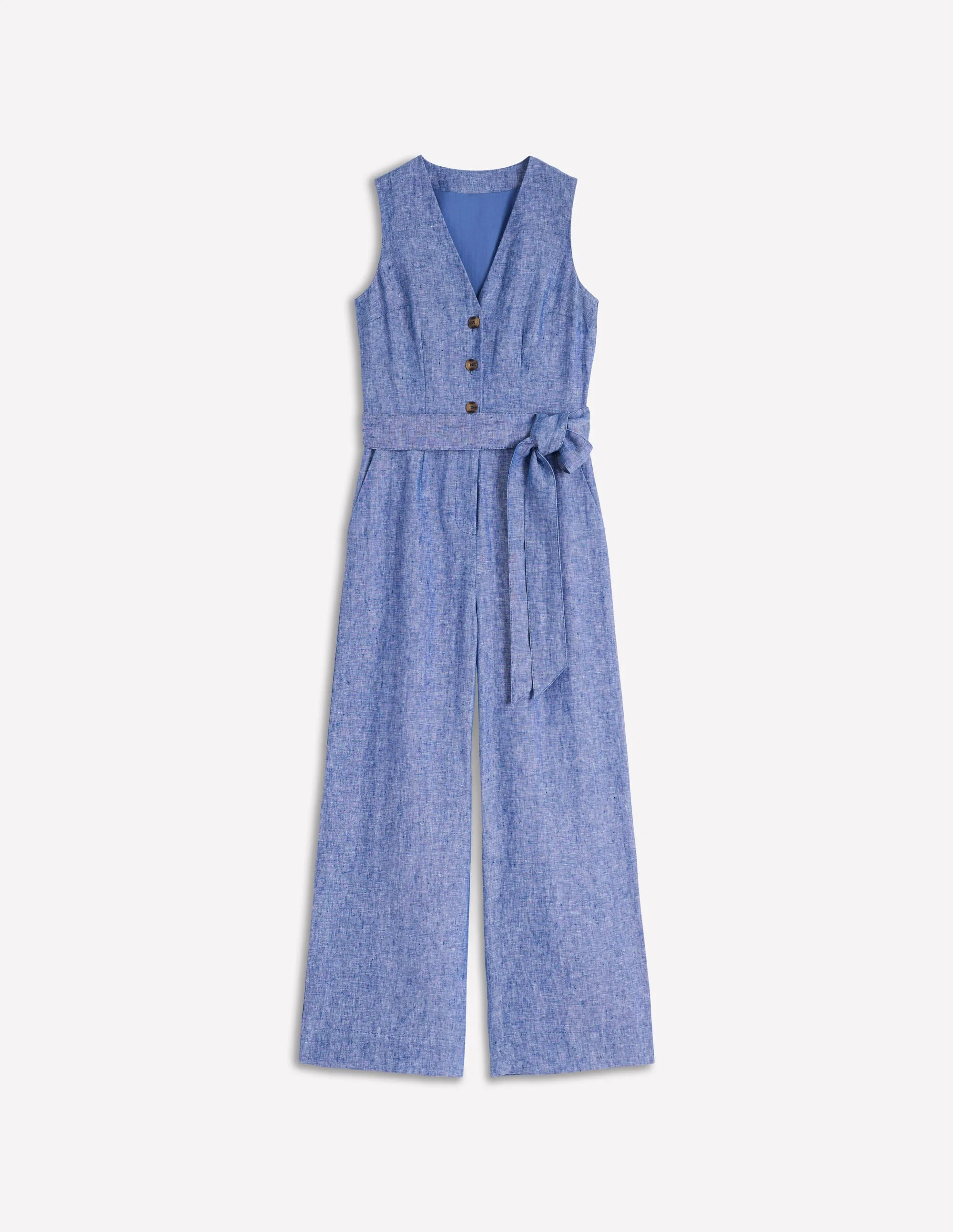 Laura V-neck Linen Jumpsuit-Authentic Blue Chambray - 1