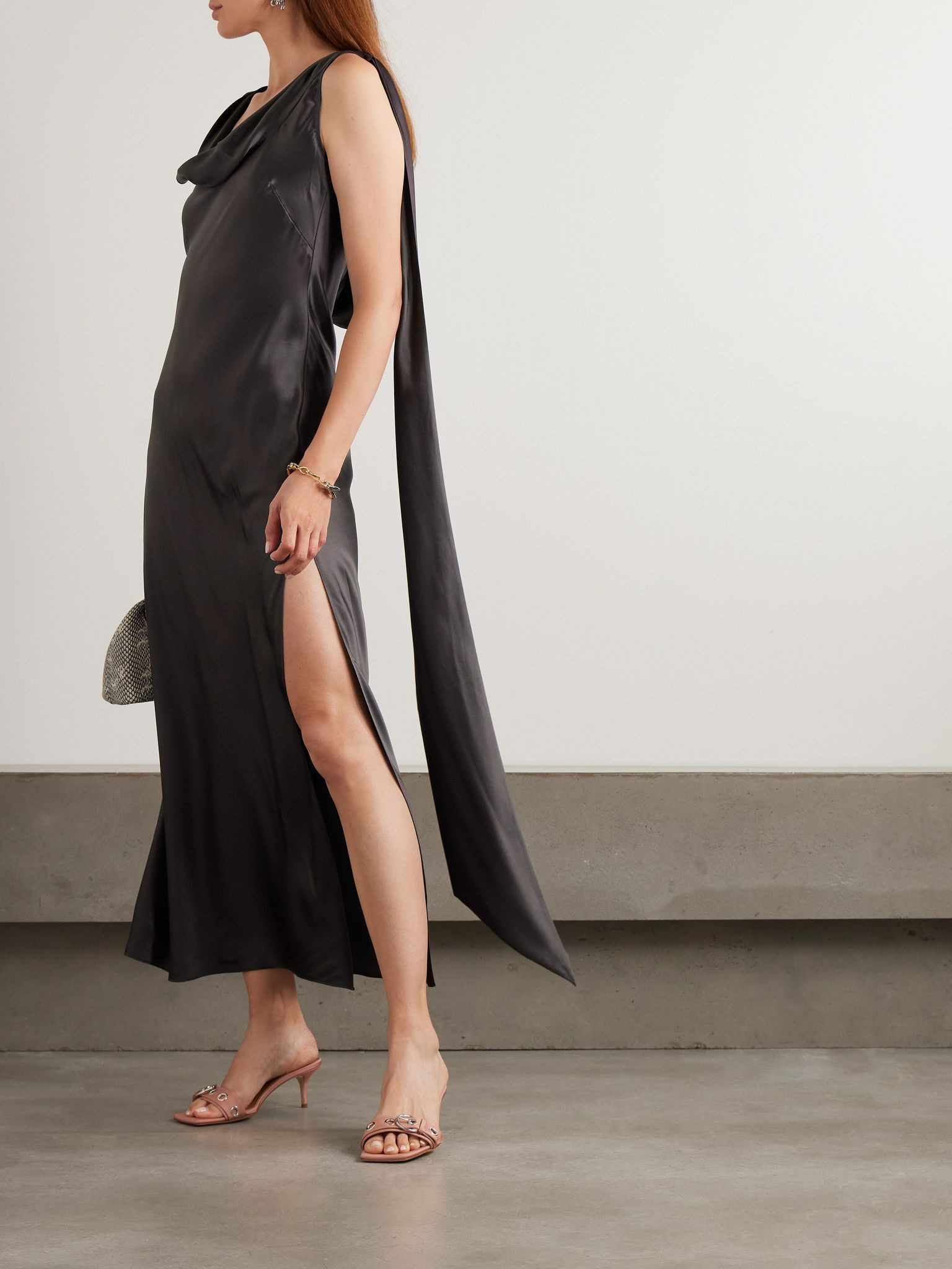 Open-back draped silk-satin midi dress Dark gray - 2