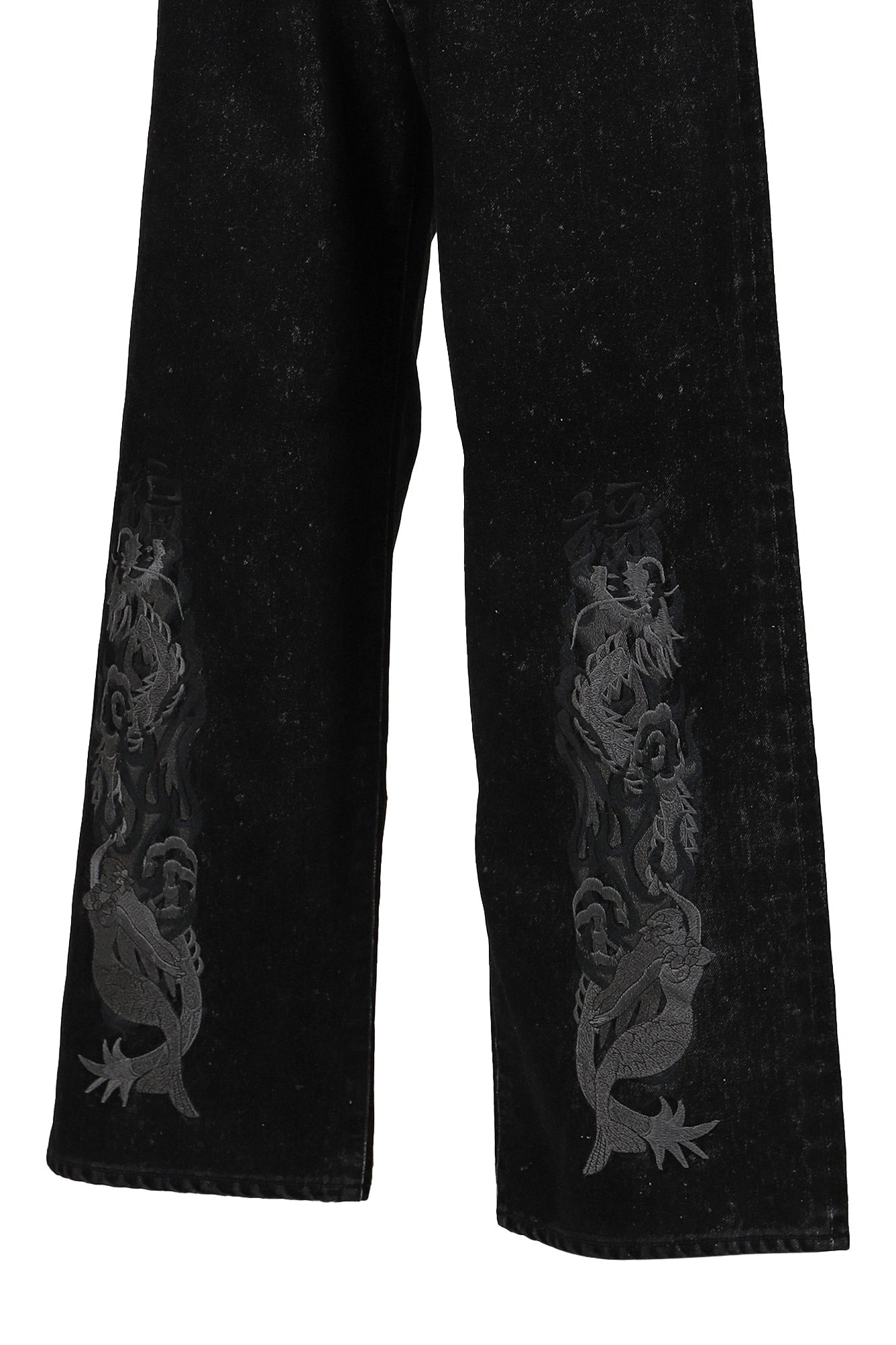 FLOCKED DEINM EMBROIDERED PANTS / BLK - 10
