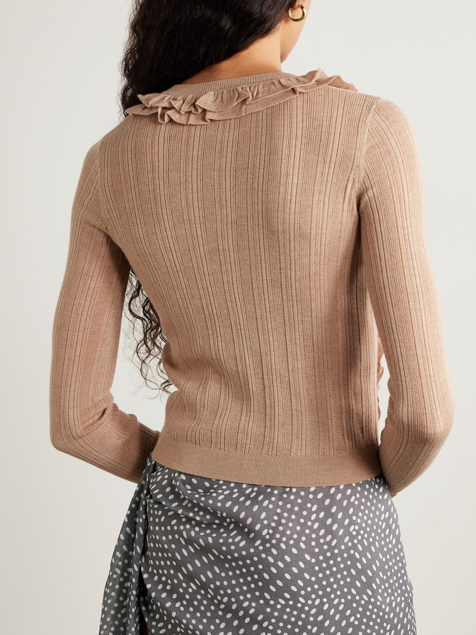 Maryel lace-trimmed ruffled ribbed merino wool cardigan Beige - 3