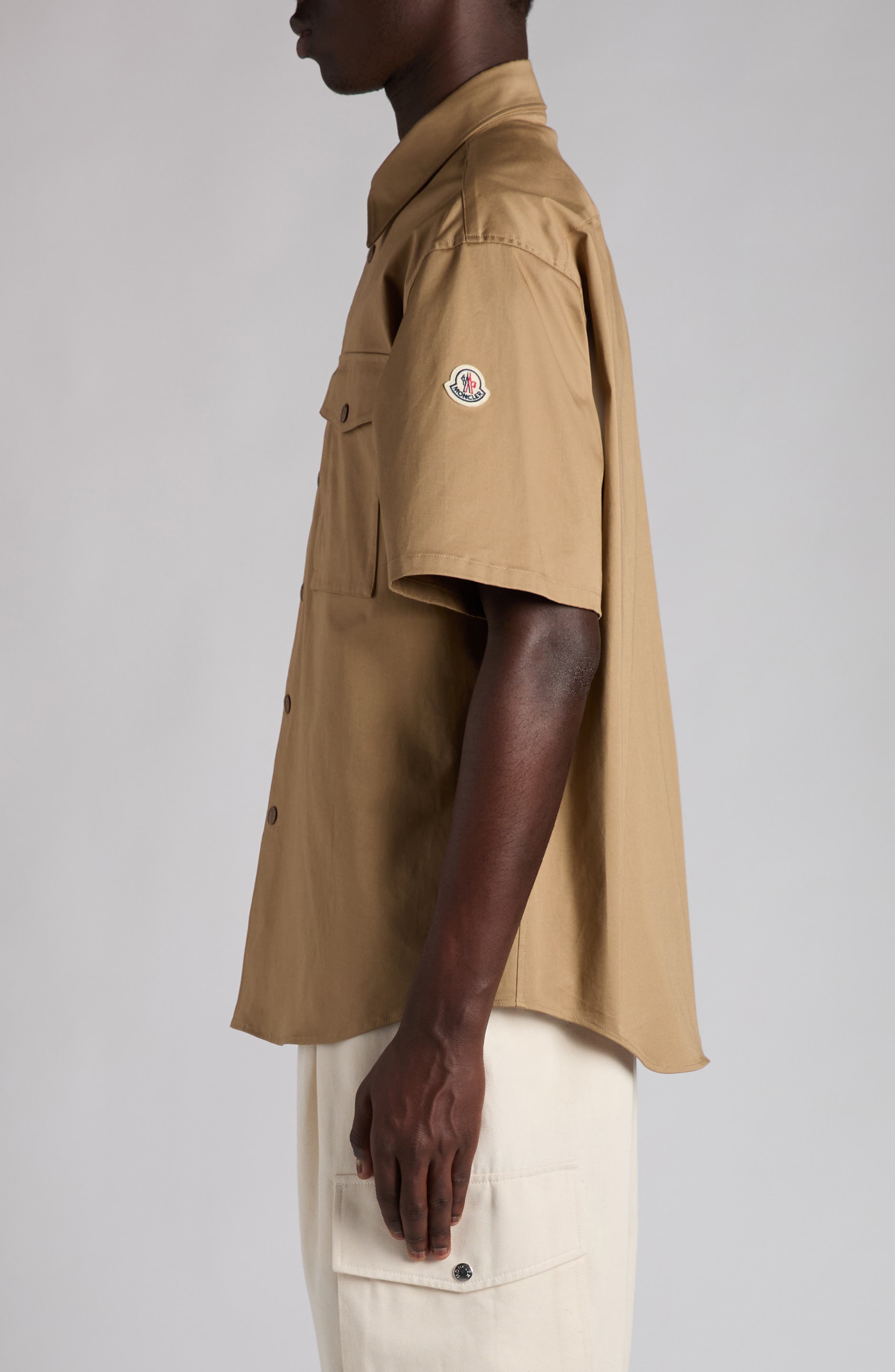 Moncler Short Sleeve Cotton Stretch Gabardine Utility Shirt in Caramel at Nordstrom - 4