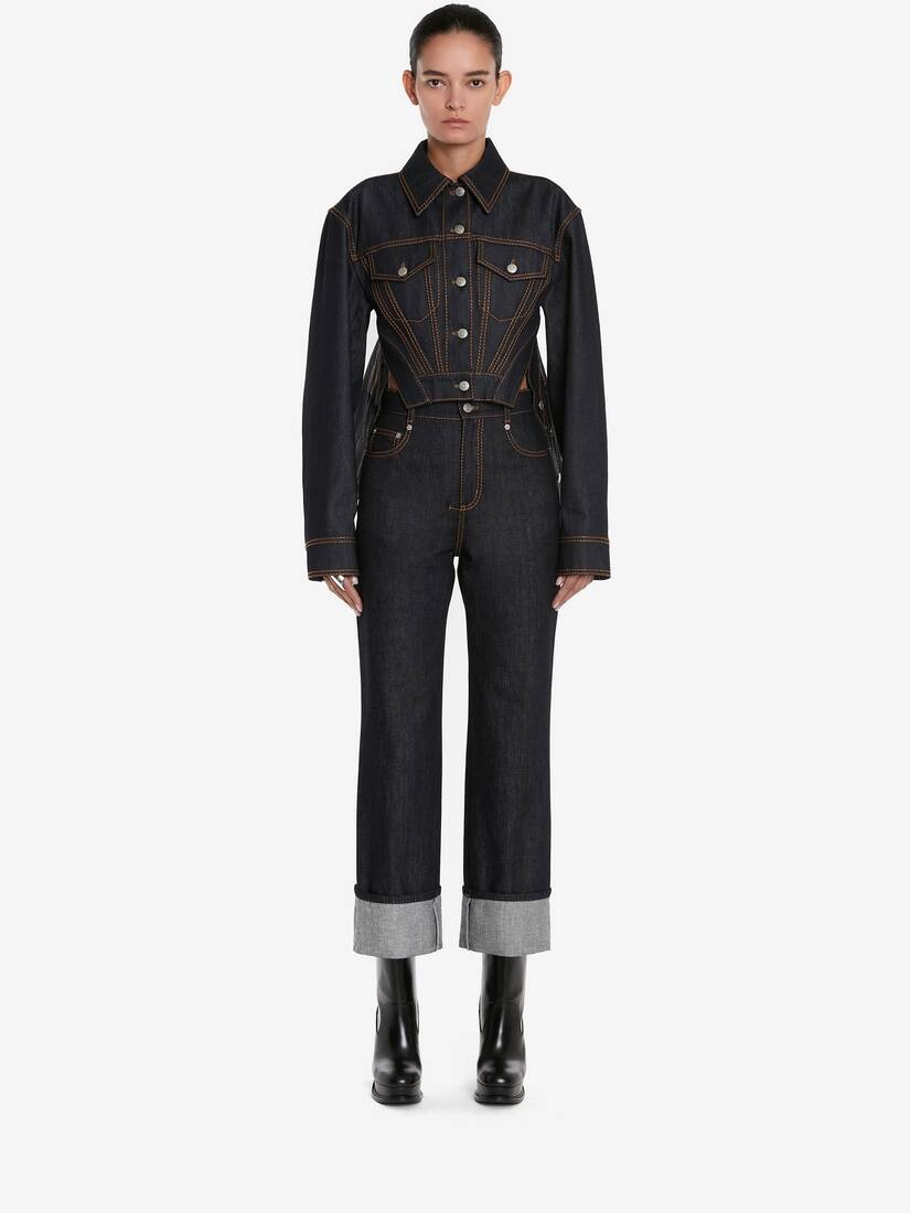 Women's High-waisted Turn-up Jeans in Dark Navy - 2